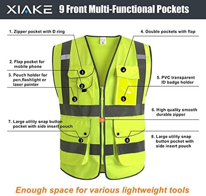 XIAKE 9 Pockets Class 2 High Visibility Reflective Safety Vest - Image 2