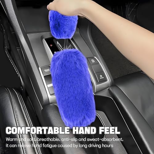 Hovom 2PCS Fluffy Car Gear Shift Knob Cover & Handbrake Cover, Royal Blue - Image 4