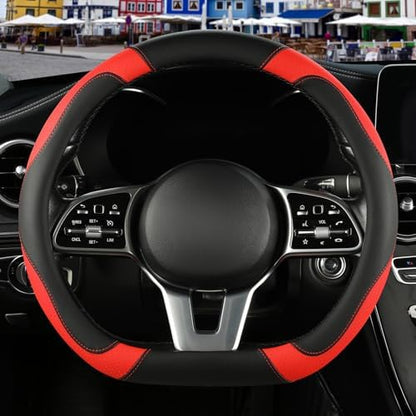 Black Red Microfiber Leather D Shaped Steering Wheel Cover by Binsheo