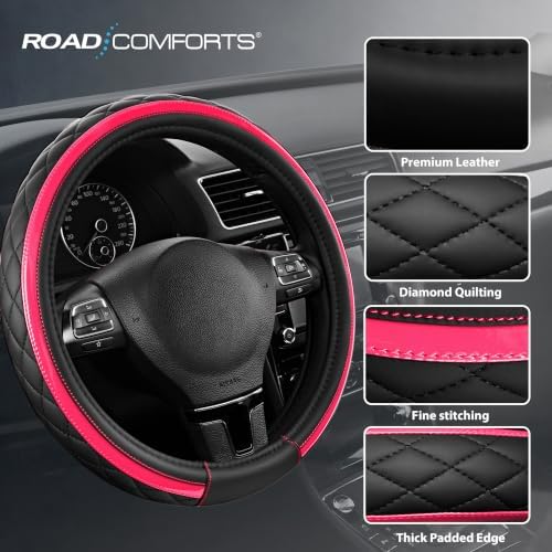 Road Comforts Leather Steering Wheel Cover – Black & Hot Pink, Universal Fit - Image 4