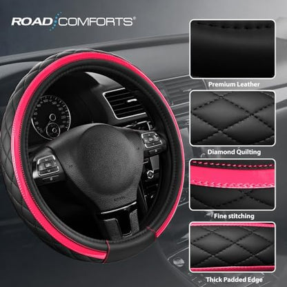 Road Comforts Leather Steering Wheel Cover – Black & Hot Pink, Universal Fit - Image 4