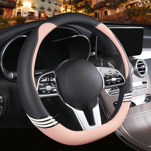 14 inch Cute Leather D Shape Steering Wheel Cover Black Pink - Image 2