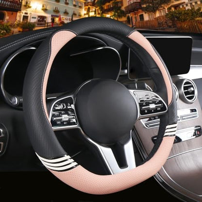 14 inch Cute Leather D Shape Steering Wheel Cover Black Pink - Image 2