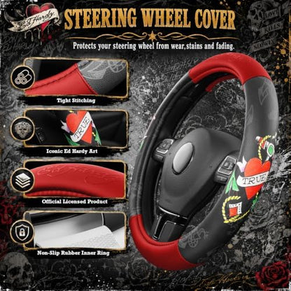 ED HARDY Heart Print Steering Wheel Cover, Fits 14.5-15.5 Inch Steering Wheels - Image 4