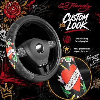 ED HARDY Heart Print Steering Wheel Cover, Fits 14.5-15.5 Inch Steering Wheels - Image 3