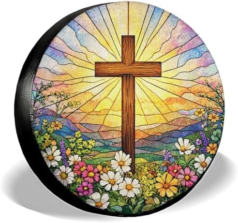 GENANY Stained Glass Cross Thick PVC Leather Spare Tire Cover Size 18 by GENANY