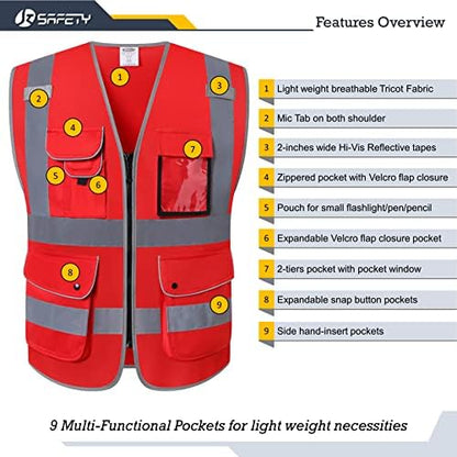 JKSafety Safety Vest for Men Women Reflective Hi Vis JK150 Red M - Image 3
