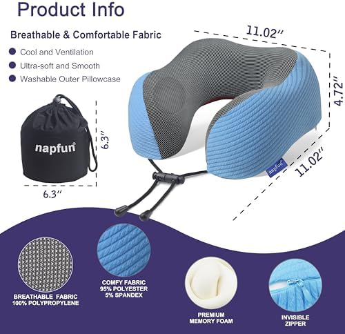 napfun Neck Pillow for Travel, Memory Foam Airplane Pillow, Sky Blue - Image 2