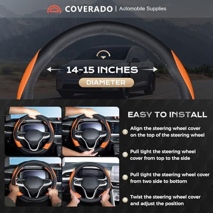 Coverado Car Steering Wheel Cover, Nappa Leather Black & Orange Steering Wheel - Image 5