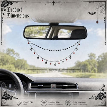 Double Chain Skull Gothic Witch Rear View Mirror Charm Halloween Car Decor - Image 2