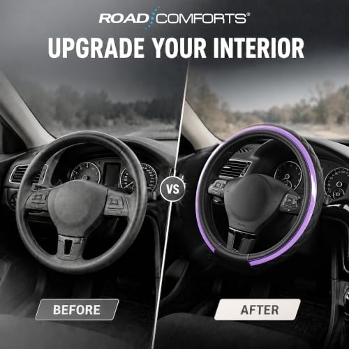 Road Comforts Leather Steering Wheel Cover – Black & Purple, Universal Fit - Image 6