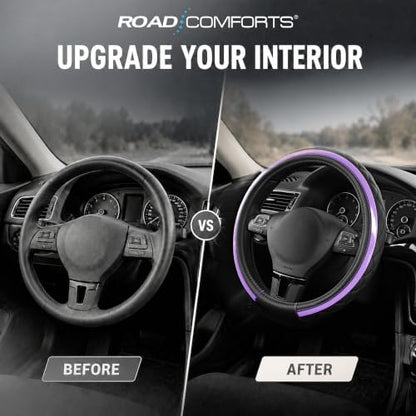 Road Comforts Leather Steering Wheel Cover – Black & Purple, Universal Fit - Image 6