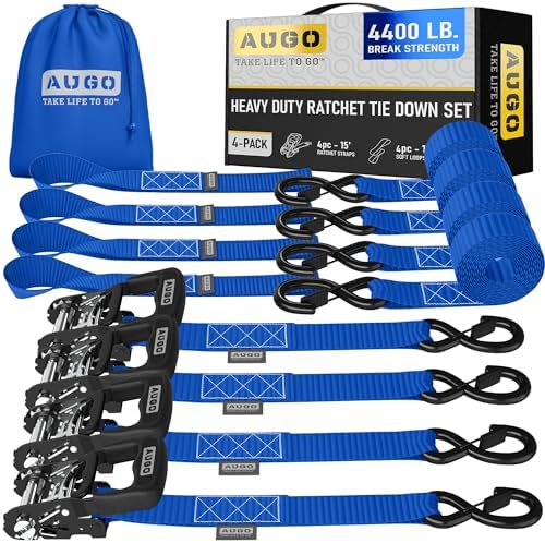 AUGO Heavy Duty Ratchet Straps & Soft Loops – Pack of 4 Extra Strong 1.5” by by AUGO