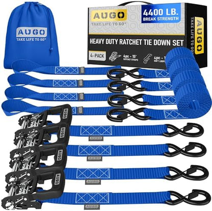 AUGO Heavy Duty Ratchet Straps & Soft Loops – Pack of 4 Extra Strong 1.5” by by AUGO