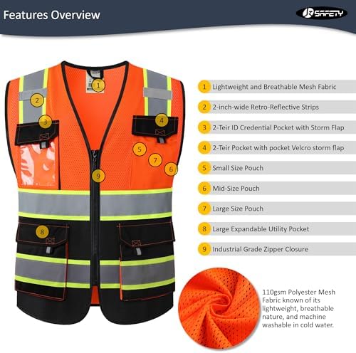 JKSafety Safety Vest for Men Women Hi Vis Reflective Vest JK220 OBlack M - Image 3
