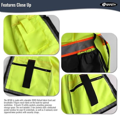 JKSafety Hi-Vis Unisex Surveyor Safety Vest Heavy Duty PPE Inner Pockets - Image 3