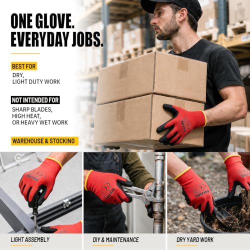 DULFINE Safety Work Gloves for Men 60 Pairs, Ultra-Thin PU Coated Red XL - Image 4
