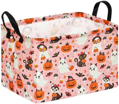 Pink Halloween Storage Basket for Girls, Pumpkin Ghost Bat Spider Design by MAIZMZ