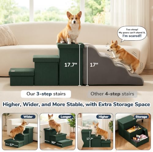 3-Step Wide Dog Stairs with Hidden Storage 18" H, Non-Slip Dog Steps - Image 3