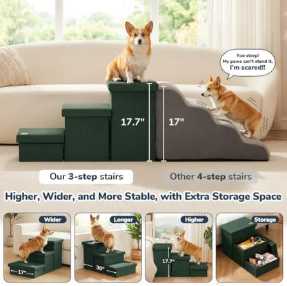 3-Step Wide Dog Stairs with Hidden Storage 18" H, Non-Slip Dog Steps - Image 3