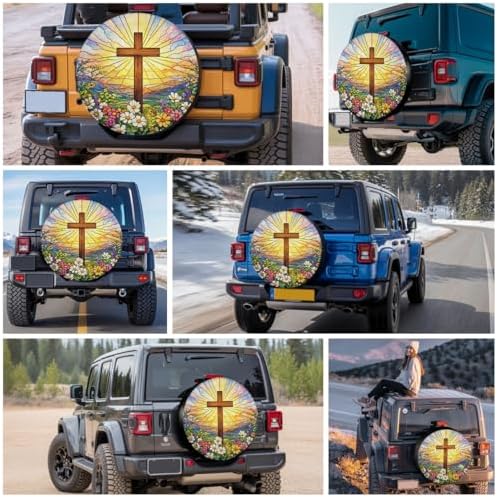 GENANY Stained Glass Cross Thick PVC Leather Spare Tire Cover Size 18 - Image 7