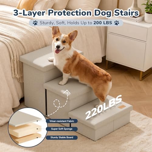 3-Step Wide Dog Stairs with Hidden Storage 18" H, Non-Slip Dog Steps - Image 3