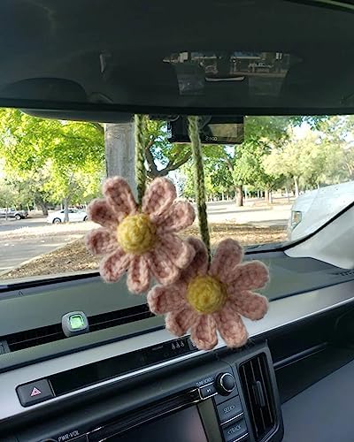 Crochet Daisy Car Accessories for Women Cute Rear View Mirror Hanging Charm by AGROMUSK