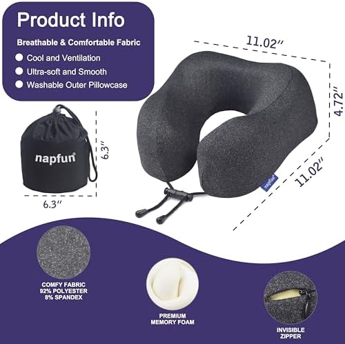 napfun Neck Pillow for Travel, Memory Foam Airplane Pillow, Full Black - Image 2