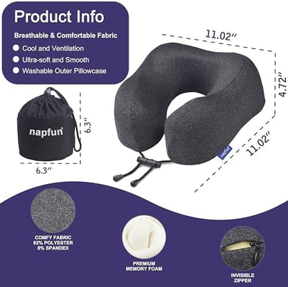 napfun Neck Pillow for Travel, Memory Foam Airplane Pillow, Full Black - Image 2