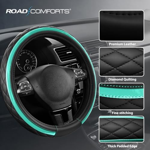 Road Comforts Leather Steering Wheel Cover – Black & Green Universal Fit - Image 4