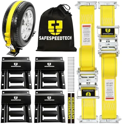 UTV Wheel Chock Tie Down Kit 2pk 2" x8' 4400LBS E Track Tire Ratchet Straps by SAFESPEEDTECH