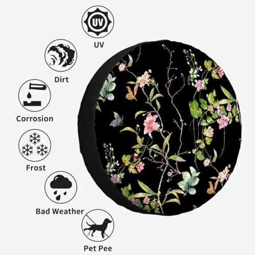 Leaves Flowers Spare Tire Cover Watercolor Black Background Wheel Covers - Image 4