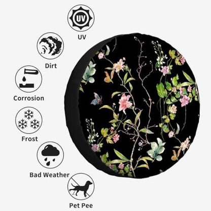Leaves Flowers Spare Tire Cover Watercolor Black Background Wheel Covers - Image 4