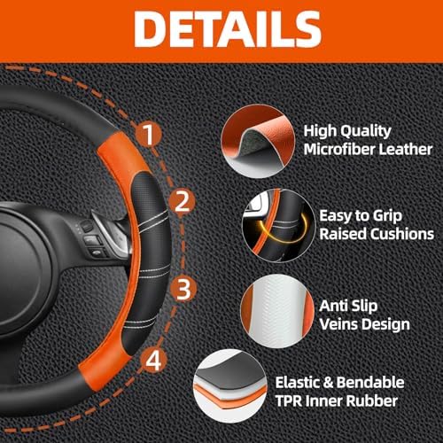 NBTEPEM 6 Pcs Orange Steering Wheel Cover Set, Sport Microfiber Leather - Image 3
