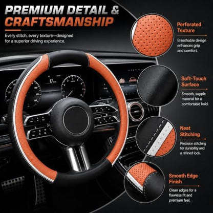 Car Steering Wheel Cover PU Leather Anti-Slip Protector Orange - Image 3