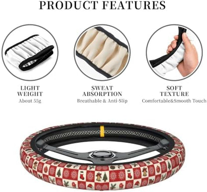 Checkered Christmas Steering Wheel Cover 15In + 2Checkered Car Cup Coasters - Image 3
