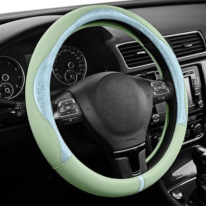 PIC AUTO Steering Wheel Cover, Light Blue Patterned & Green Leather Patchwork - Image 2