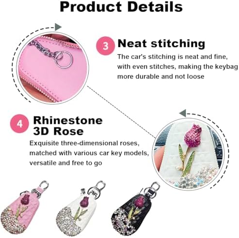 Mandark Bling Car Key Case, Genuine Leather Crystal Rhinestone Vehicle Key Fob - Image 3
