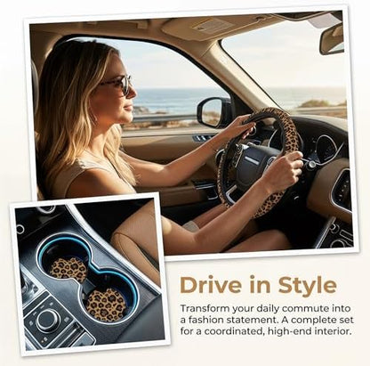 Cheetah Print Steering Wheel Cover 15In + 2 Leopard Car Coasters - Image 2