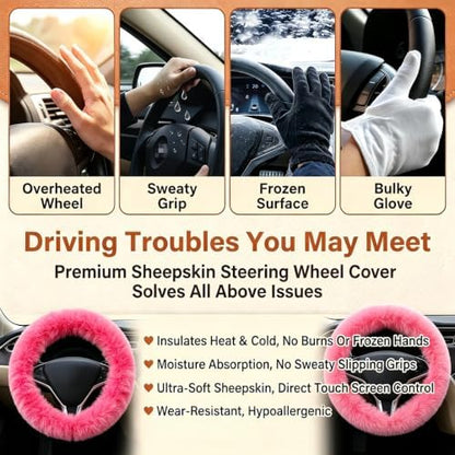 Gray Fluffy Sheepskin Car Steering Wheel Covers - Image 5