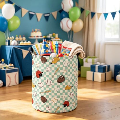 Round Laundry Basket Collapsible Storage Hamper Green Grid Baseball - Image 6