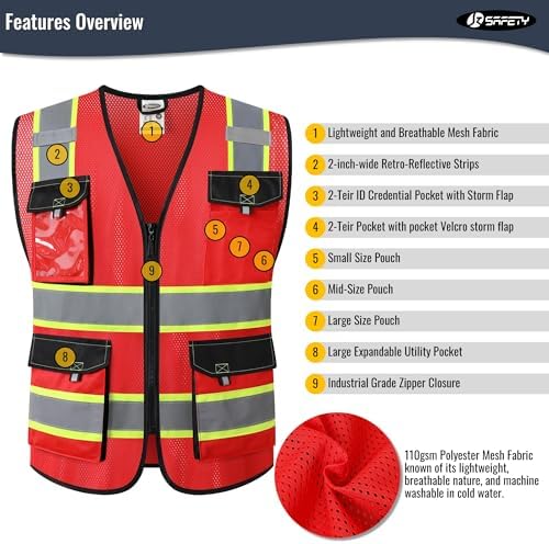 JKSafety Safety Vest for Men Women Hi Vis Reflective Vest JK220 Red 2XL - Image 3