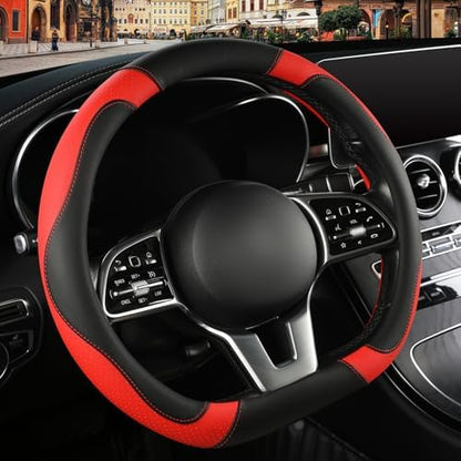 Black Red Microfiber Leather D Shaped Steering Wheel Cover - Image 2