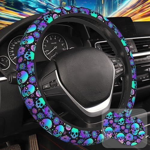Neon Skull and Flower Steering Wheel Cover by Unknown