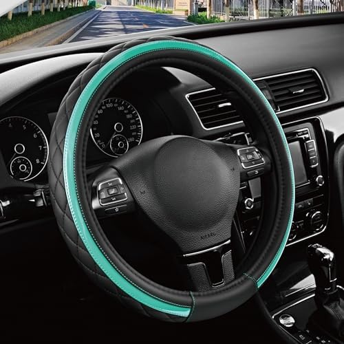 Road Comforts Leather Steering Wheel Cover – Black & Green Universal Fit by RoadComforts