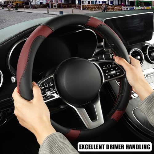 Black Burgundy Microfiber Leather Steering Wheel Cover 14 inch - Image 5