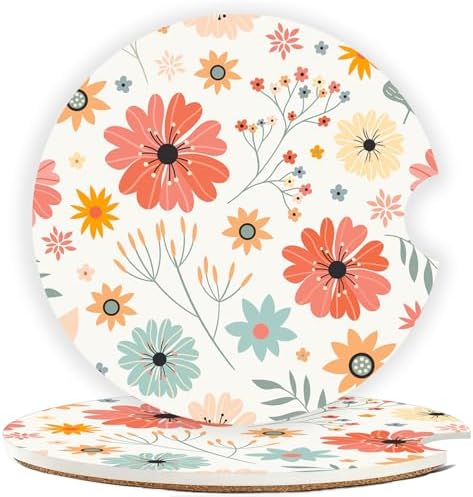 Ceramic Car Cup Holder Coasters Set of 2, 2.56 in Red Flowers by Mengduxd