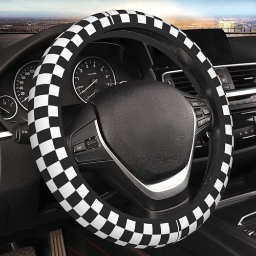 Black and White Checkered Steering Wheel Cover Rubber Anti-Slip 14.5-15 Inch - Image 5