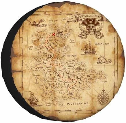 Treasure Map Spare Tire Cover Pirate Emblem Sailboat Compass on a Ruined Old by NOMEDOGYIM