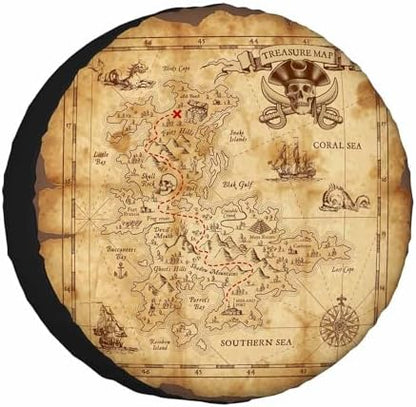 Treasure Map Spare Tire Cover Pirate Emblem Sailboat Compass on a Ruined Old by NOMEDOGYIM